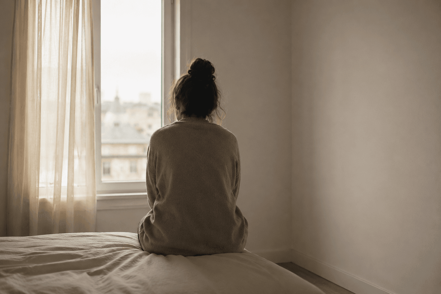 Personne assise face à une fenêtre, évoquant le sentiment de solitude